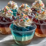 Rainbow Jello Cups for Kids: Colorful, fruity Jello layers topped with fluffy whipped cream, an eye-catching treat kids love at celebrations.