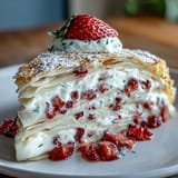 Elegant French crêpe cake featuring delicate layers of strawberry mascarpone filling, perfect for a Mother's Day celebration.