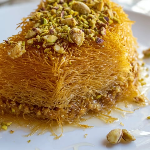 Golden-brown Egyptian Konafa dessert ready to serve, dripping with sweet honey syrup and crunchy nuts.