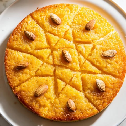Golden, syrup-soaked Egyptian Basbousa boasts a perfectly moist semolina cake texture with toasted almonds.
