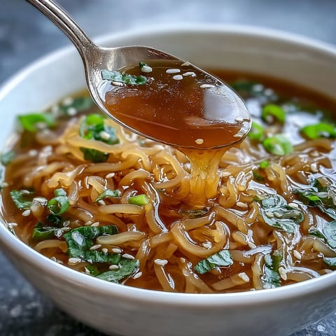 A warm bowl of Shirataki Noodles With Broth, featuring translucent noodles in a savory bone broth garnished with green onions and chili.