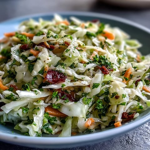 Bright green shredded cabbage, grated carrots, and crisp red bell pepper tossed in a light vinaigrette for a tangy Sauerkraut Slaw side dish.
