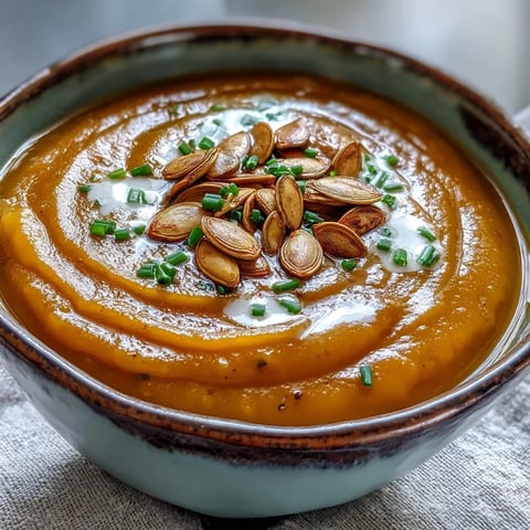 Creamy acorn squash soup with toasted pumpkin seeds and a drizzle of cream in a rustic ceramic bowl.  