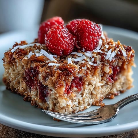 Fragrant Baked Oatmeal with Raspberry and Coconut squares cooling on a rustic wooden tray, ready for breakfast.  
