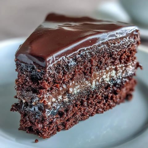 Freshly baked Easy Chocolate Fudge Cake layers, coated in glossy, silky-smooth chocolate icing and garnished with chocolate shavings for an indulgent treat.