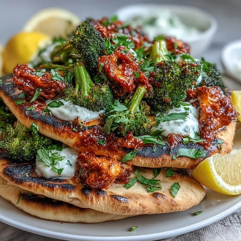 Harissa broccoli piled onto warm flatbreads, garnished with fresh cilantro and a dollop of Greek yogurt.  