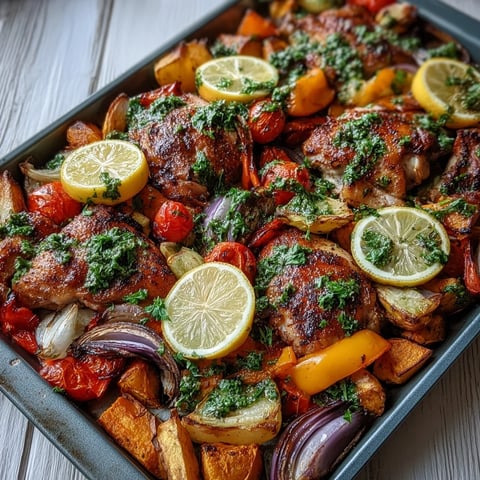 Juicy piri-piri chicken thighs roasted with golden sweet potato wedges and colorful bell peppers on a single tray.