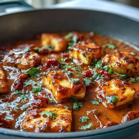 Golden cubes of halloumi cheese nestled in a rich, creamy tomato coconut curry, garnished with fresh cilantro and lemon wedges.  
