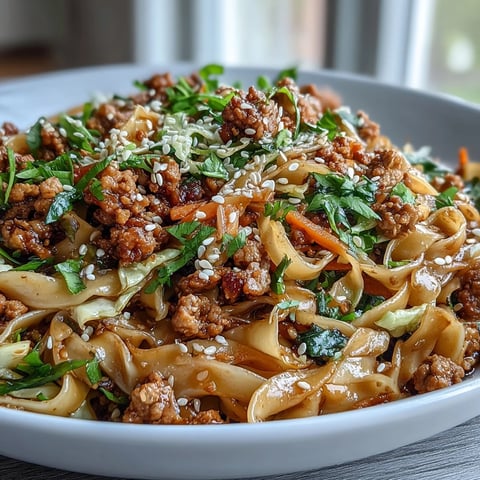Golden-brown, seasoned ground pork steaming atop tender rice noodles in a glossy soy-based sauce for Potsticker Noodle Bowls.