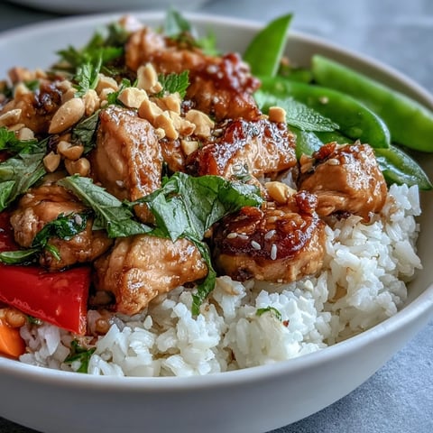 Creamy coconut rice topped with juicy Thai chicken, fresh snap peas, and vibrant red bell peppers garnished with cilantro.