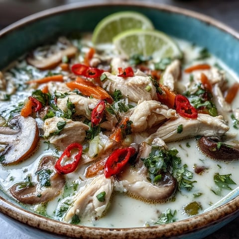 A steaming bowl of Thai Coconut Curry Soup, featuring tender chicken, mushrooms, and carrots in a vibrant, creamy red broth.
