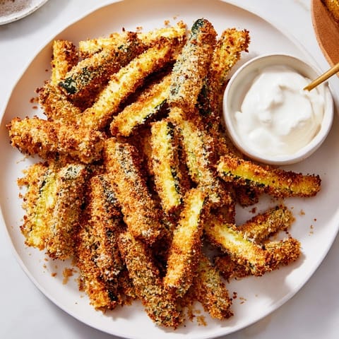 Close-up of baked Parmesan zucchini fries; a delightful appetizer ready for dipping in sauce.