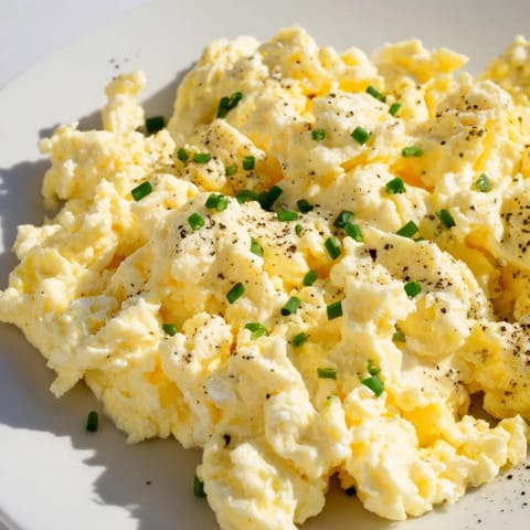 Golden Cottage Cheese Scrambled Eggs, cooked to perfection, garnished with fresh herbs for flavor.