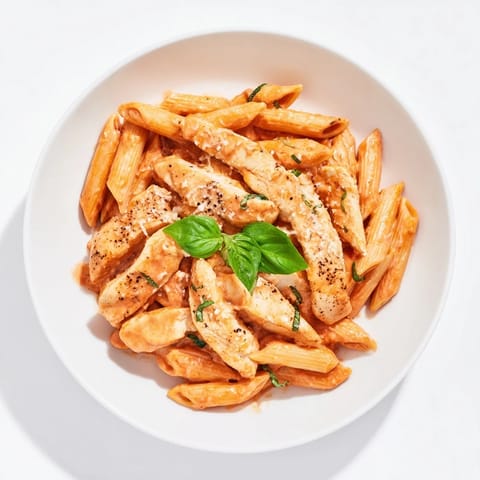 A steaming bowl of Creamy Tomato Basil Chicken Pasta, showcasing tender chicken and a rich creamy sauce.