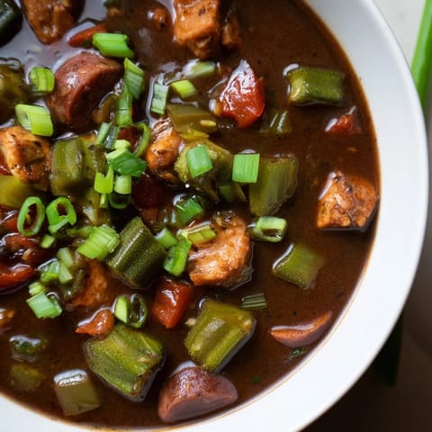 A steaming bowl of Gumbo Okra Soup, with tender chicken and sliced sausage ready to be savored.