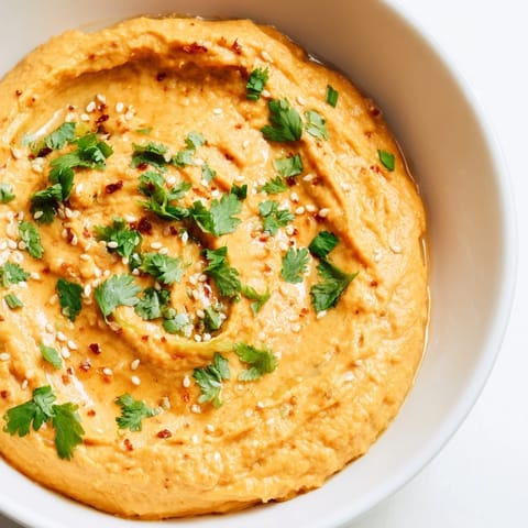 Roasted carrots and fresh ginger blend into a creamy, healthy dip garnished with cilantro and sesame seeds.