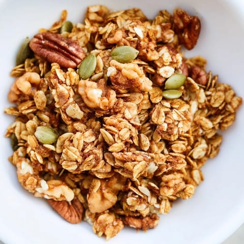 A close-up of homemade Granola Clusters, showing toasted pecans and glistening honey clusters.