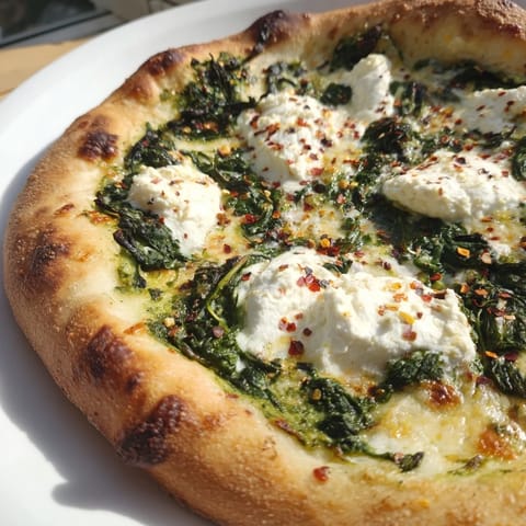 Freshly baked spinach ricotta pizza with garlic butter, sliced and served on a white plate.