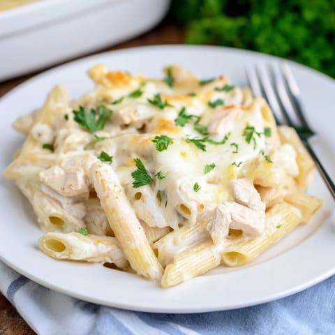 Golden brown, bubbling mozzarella tops a creamy Chicken Alfredo Casserole, with tender penne pasta and chicken peeking from beneath the cheesy crust.