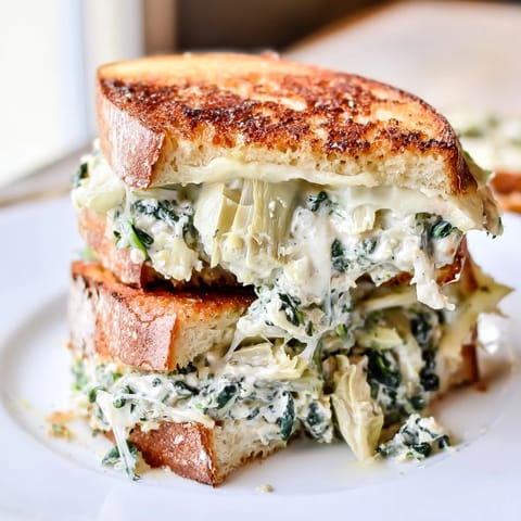 Golden-brown sourdough slices reveal melted mozzarella, Monterey Jack, and creamy spinach-artichoke dip filling in this Artichoke Spinach Grilled Cheese.