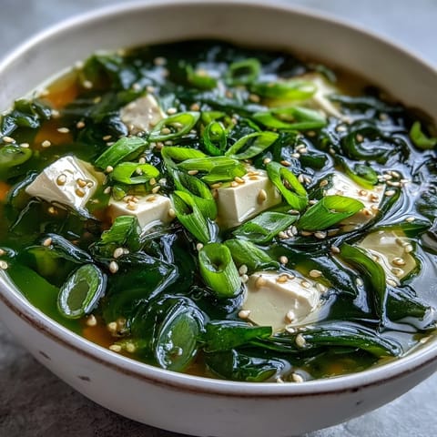 Steaming bowls of homemade wakame soup feature tender seaweed, silken tofu, and fresh scallions in a savory dashi broth.  