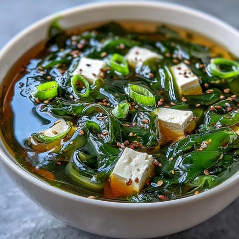 A close-up of nourishing Japanese wakame soup with glistening miso broth, cubes of tofu, and vibrant green seaweed.  
