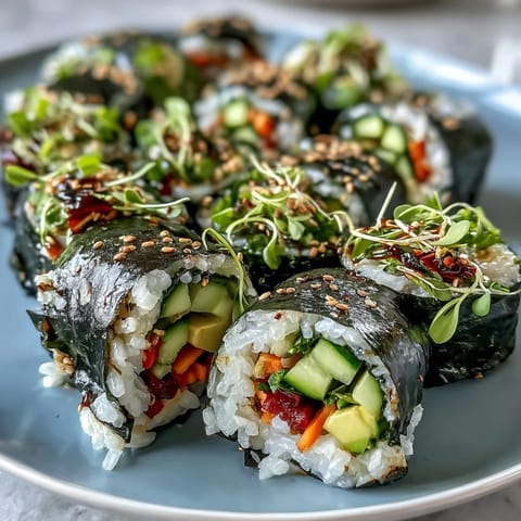 Freshly rolled Nori Rolls with Vegetables, featuring crisp cucumber, creamy avocado, and crunchy sprouts on a wooden board.