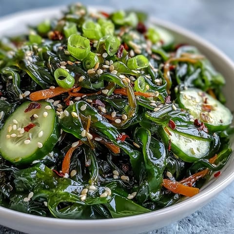 A vibrant bowl of Seaweed Salad with crisp cucumber, julienned carrot, and fresh scallions tossed in tangy sesame-ginger dressing.