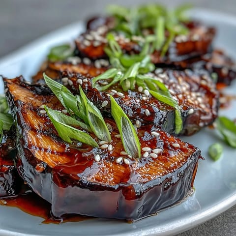 Silky roasted Miso Glazed Eggplant halves glistening with a rich, caramelized savory-sweet glaze and sprinkled with sesame seeds.