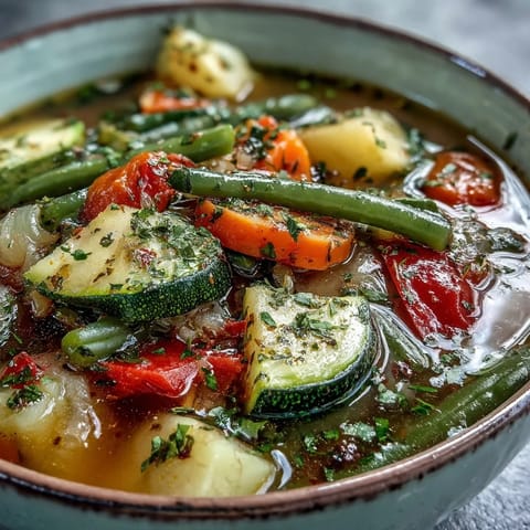 Close-up of Italian Herb Vegetable Soup, featuring tender potatoes, celery, and green beans in a rich tomato broth.