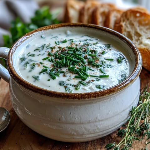 Overhead view of a pot of Roasted Garlic and Herb Soup, featuring a velvety texture and a swirl of olive oil, ready to be ladled into bowls.