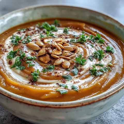 Velvety homemade Pumpkin Soup simmered with cumin and nutmeg, finished with a swirl of cream in a rustic bowl.  
