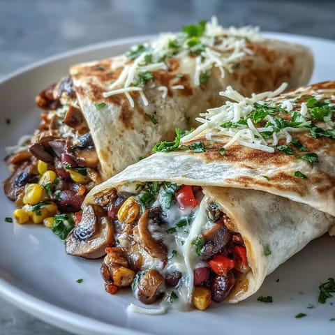 A close-up shows a sliced Veggie Burrito revealing a hearty filling of sautéed mushrooms, black beans, sweet corn, and melted cheese.
