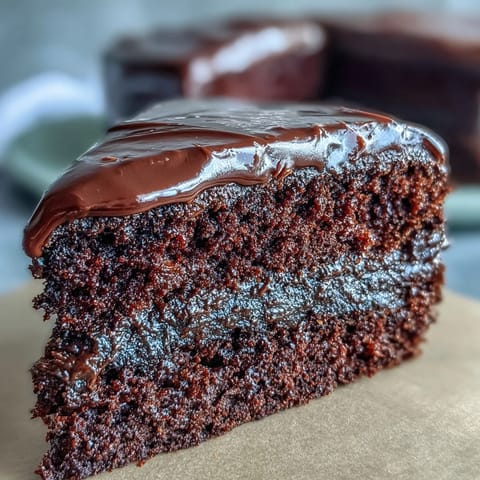Slice of super-squidgy Easy Chocolate Fudge Cake on a white plate, served with a dollop of whipped cream and fresh raspberries for a festive dessert.