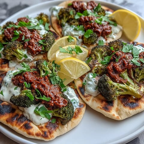 Vibrant roasted harissa broccoli sizzling on a baking sheet beside toasty flatbreads ready for serving.  