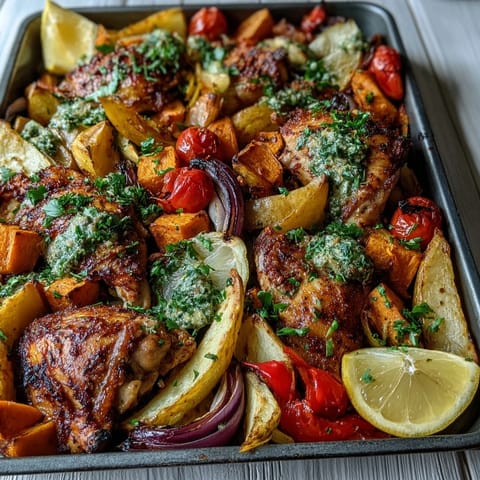 Roasted Chicken and Sweet Potato Traybake with blistered cherry tomatoes and fresh cilantro garnish on a rustic platter.