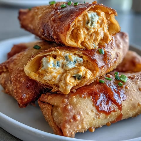 A hand dips a crispy Buffalo Chicken Dip Egg Roll into creamy blue cheese dressing at a game day party platter.