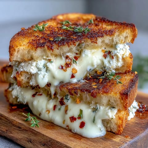 Fresh thyme and a drizzle of honey top this crispy Goat Cheese Grilled Cheese with Honey & Chili Flakes.