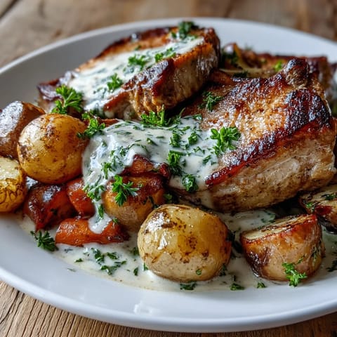 Tender Crockpot Ranch Pork Chops in creamy sauce served with soft carrots and potatoes.