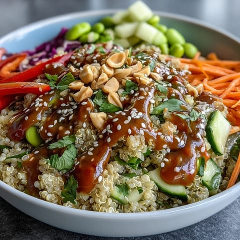 Creamy coconut quinoa topped with crisp veggies and drizzled with zesty peanut dressing in a vibrant Thai-inspired bowl.  