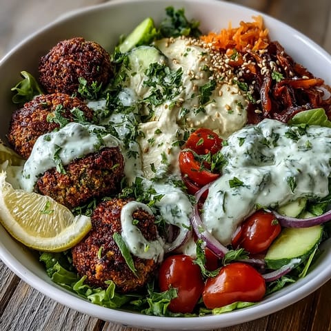 A vibrant Falafel Bowl features crispy falafel balls nestled on creamy hummus and tangy tzatziki, topped with fresh greens.