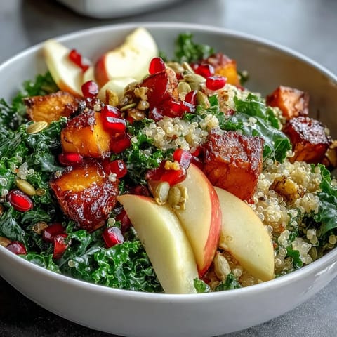 Vibrant Kale Harvest Grain Bowl with roasted sweet potatoes, quinoa, crisp apples, and crunchy pepitas on a white plate.