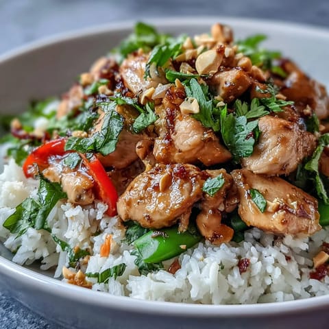 Golden-brown glazed chicken and crisp vegetables rest on fluffy coconut rice, with roasted peanuts and lime wedges for serving.