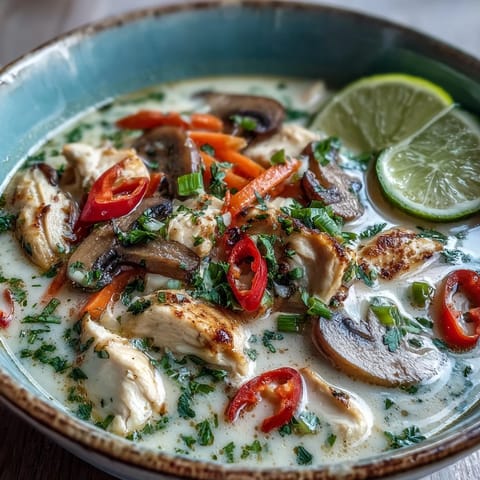 Thai Coconut Curry Soup garnished with fresh cilantro and a lime wedge, served hot with a side of fluffy rice.