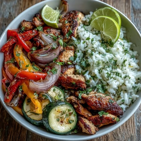 Golden-brown chicken strips and colorful fajita vegetables sizzling from the oven, served over fluffy white rice in a vibrant one-pan Sheet Pan Fajita Bowl.