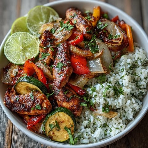 A close-up of a hearty Sheet Pan Fajita Bowl featuring tender roasted chicken, bell peppers, and onions atop seasoned cauliflower rice, garnished with fresh cilantro.