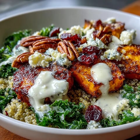 A freshly prepared Harvest Kale Quinoa Bowl topped with crumbled blue cheese and lemon tahini dressing.