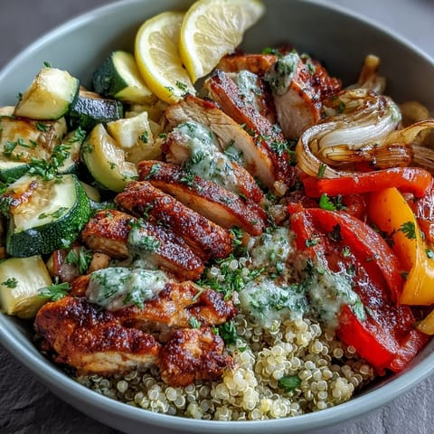 Colorful paprika herb chicken and roasted vegetables atop fluffy quinoa.