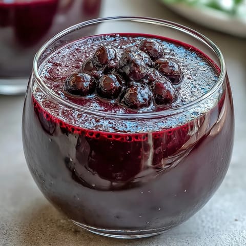 Freshly chilled Black Currant Panna Cotta topped with a spoon, perfect for elegant summer dessert plating.