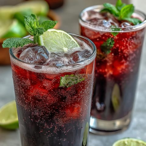 Fizzy sparkling water bubbles around deep purple juice and lime wedges in a refreshing Black Currant Mocktail for summer.